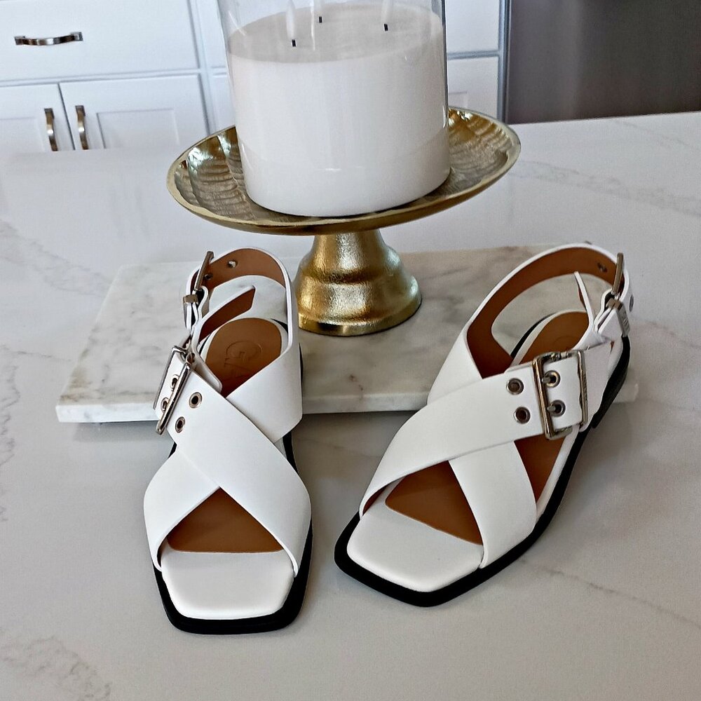NEW! GANNI CROSS STRAP BUCKLE SANDALS EGRET WHITE - Picture 3 of 8